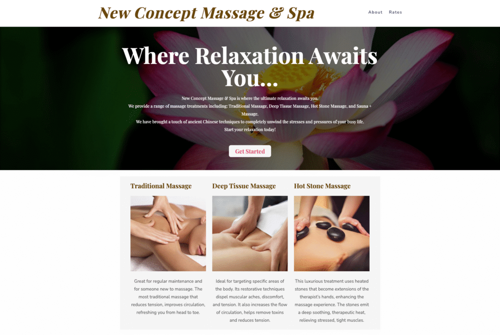 Massage and spa website created for New Concept Massage